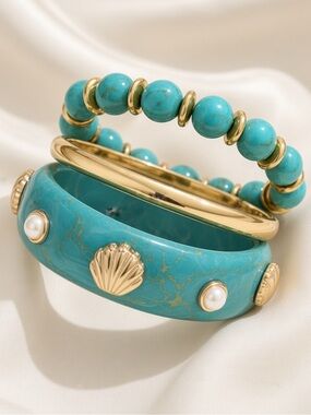 Teal Green Turquoise and Gold Stackable Bracelet Set - Women Jewelry